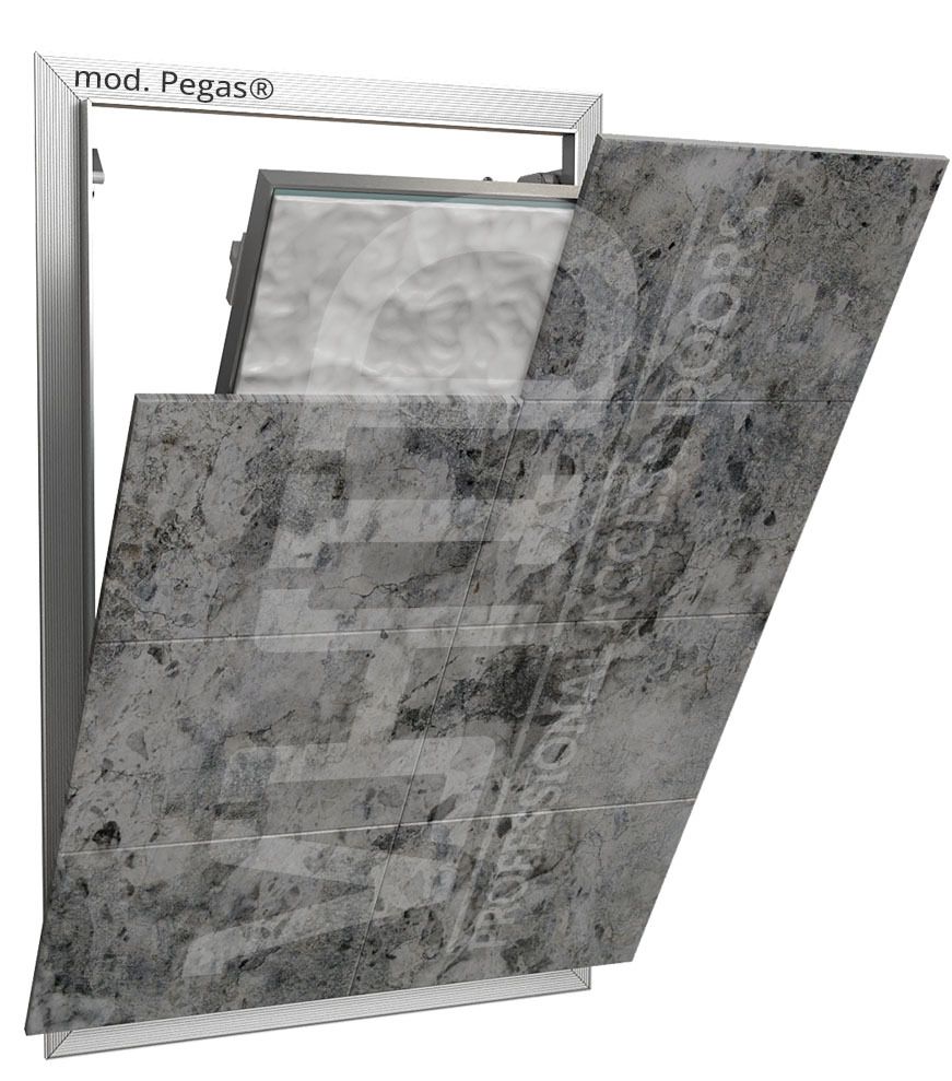 Aluminum access panel for tiling with a removable door for fastening to drywall 1/2-inch thick, mod. Pegas. Push to Open