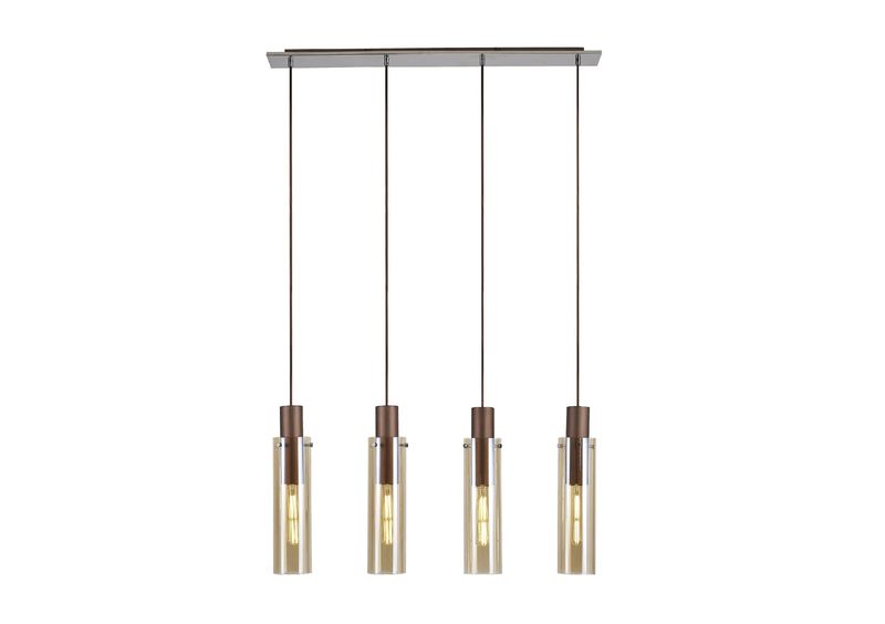 DOREN SCHLANK Pendelleuchte linear 4 x E27, Mokka / Glas Bernstein