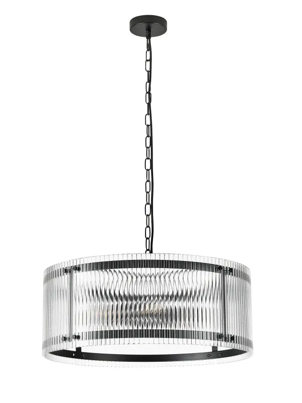 FLOING 56.5cm Pendelleuchte, 4 x E27, Schwarz matt / Breit geripptes, klares (C) Glas
