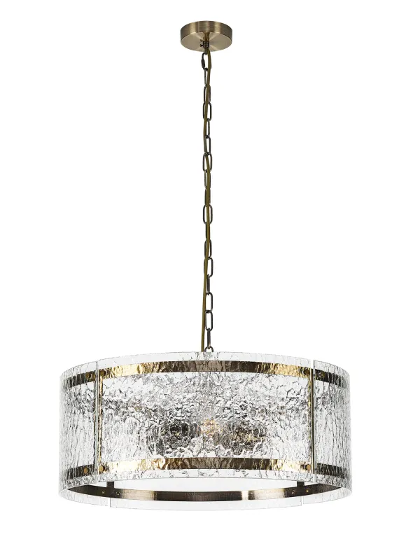 FLOING 56.5cm Pendelleuchte, 4 x E27, Messing Antik / Ornamentiertes klares (D) Glas