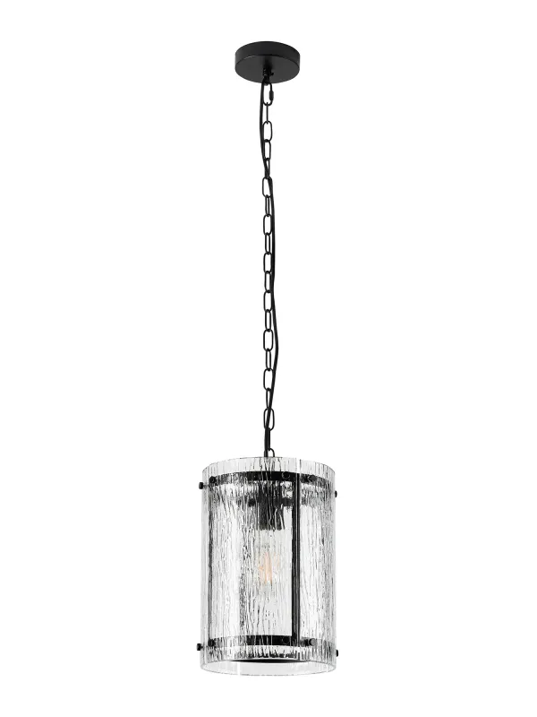 FLOING 20.5cm Pendelleuchte, 1 x E27, Schwarz matt / Geriffeltes klares (F) Glas