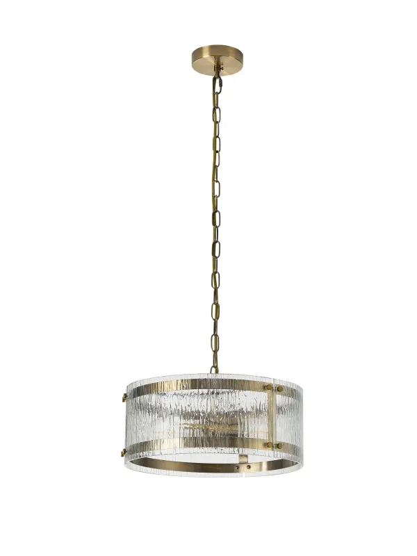 FLOING 35cm Pendelleuchte, 2 x E27, Messing Antik / Geriffeltes klares (F) Glas