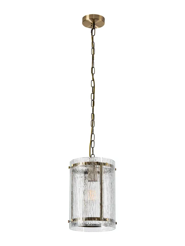 FLOING 20.5cm Pendelleuchte, 1 x E27, Messing Antik / Geriffeltes klares (F) Glas