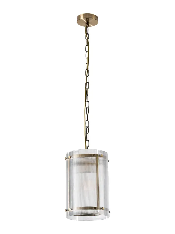 FLOING 20.5cm Pendelleuchte, 1 x E27, Messing Antik / Schmal geripptes klares (B) Glas