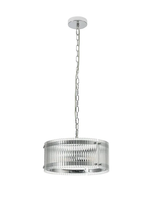 FLOING 35cm Pendelleuchte, 2 x E27, Chrome / Breit geripptes, klares (C) Glas