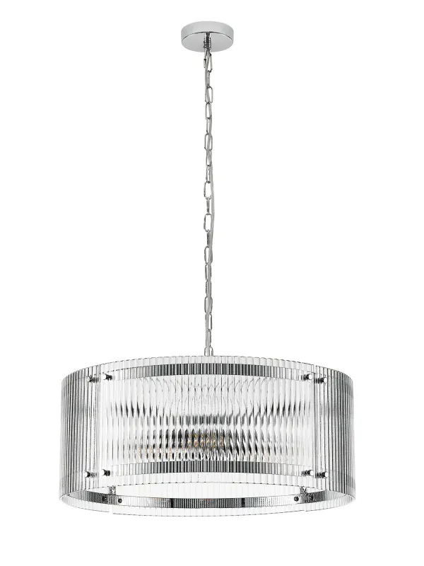 FLOING 56.5cm Pendelleuchte, 4 x E27, Chrome / Breit geripptes, klares (C) Glas