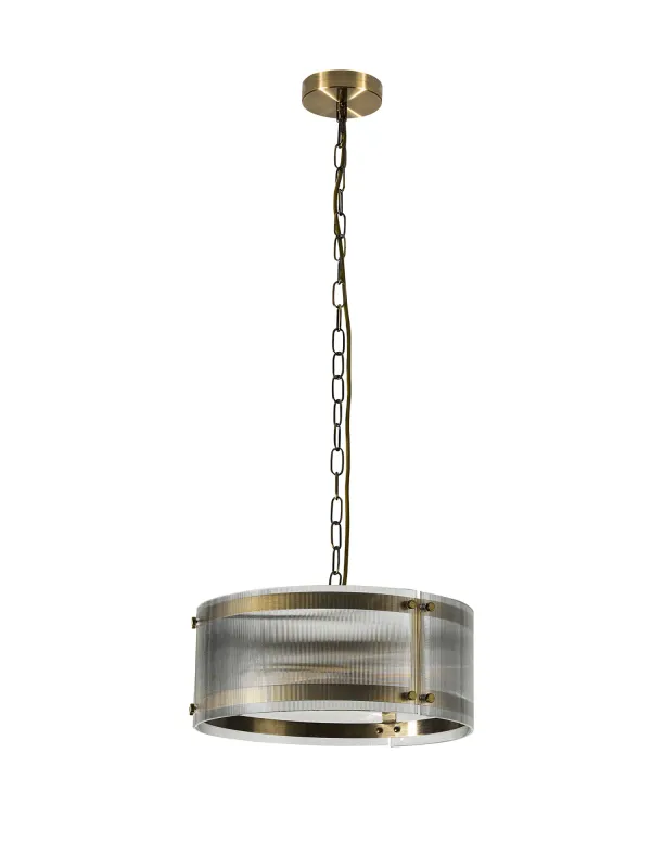 FLOING 35cm Pendelleuchte, 2 x E27, Messing Antik / Schmal geripptes klares (B) Glas