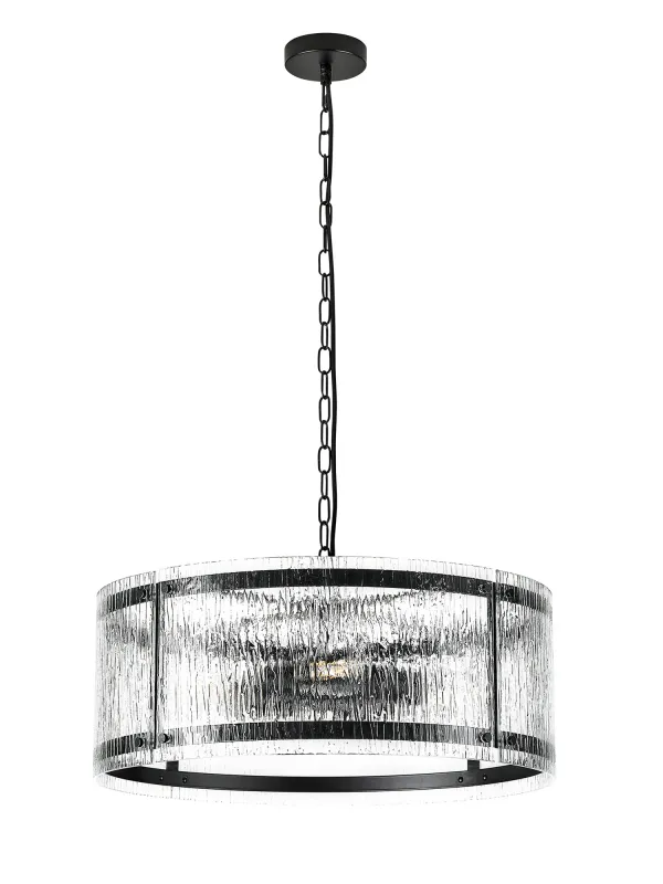 FLOING 56.5cm Pendelleuchte, 4 x E27, Schwarz matt / Geriffeltes klares (F) Glas