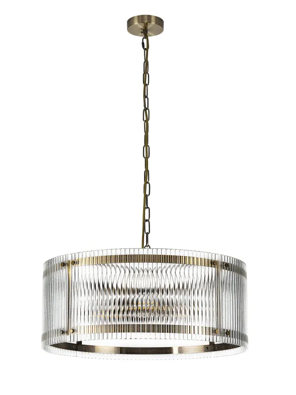 FLOING 56.5cm Pendelleuchte, 4 x E27, Messing Antik / Breit geripptes, klares (C) Glas