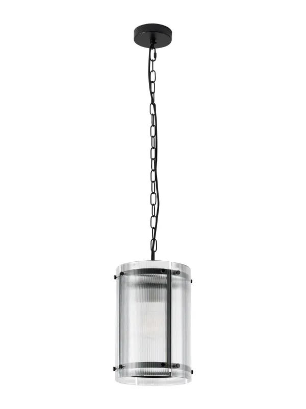 FLOING 20.5cm Pendelleuchte, 1 x E27, Schwarz matt / Schmal geripptes klares (B) Glas