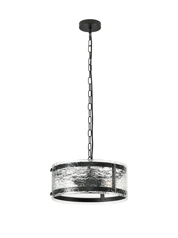 FLOING 35cm Pendelleuchte, 2 x E27, Schwarz matt / Ornamentiertes klares (D) Glas