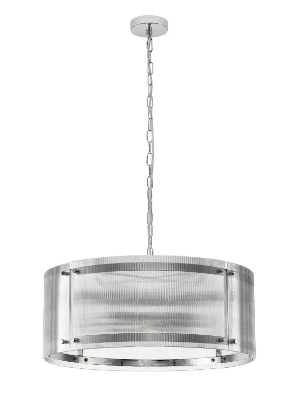 FLOING 56.5cm Pendelleuchte, 4 x E27, Chrome / Schmal geripptes klares (B) Glas