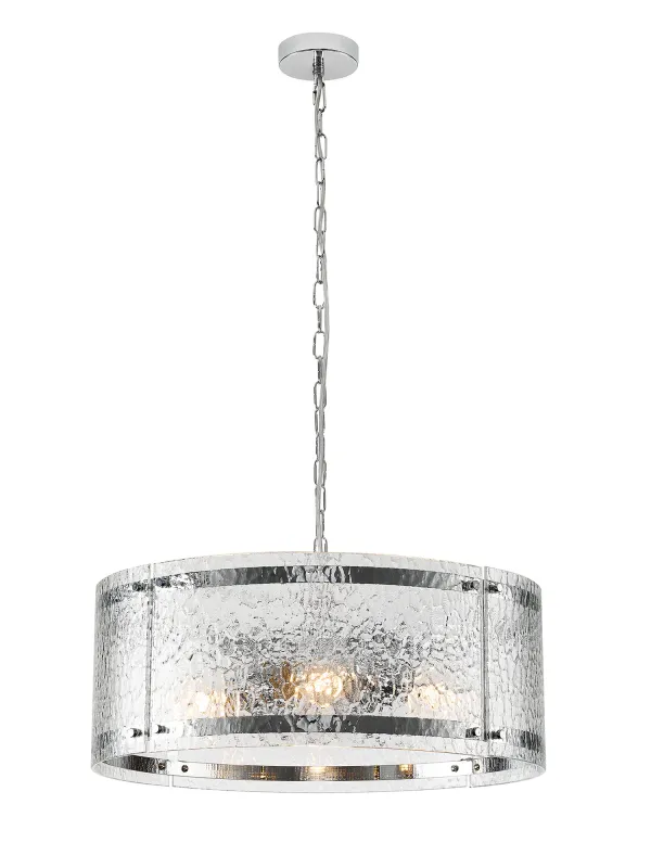 FLOING 56.5cm Pendelleuchte, 4 x E27, Chrome / Ornamentiertes klares (D) Glas