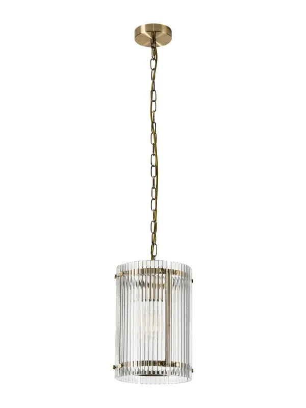 FLOING 20.5cm Pendelleuchte, 1 x E27, Messing Antik / Breit geripptes, klares (C) Glas