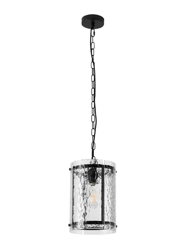 FLOING 20.5cm Pendelleuchte, 1 x E27, Schwarz matt / Ornamentiertes klares (D) Glas