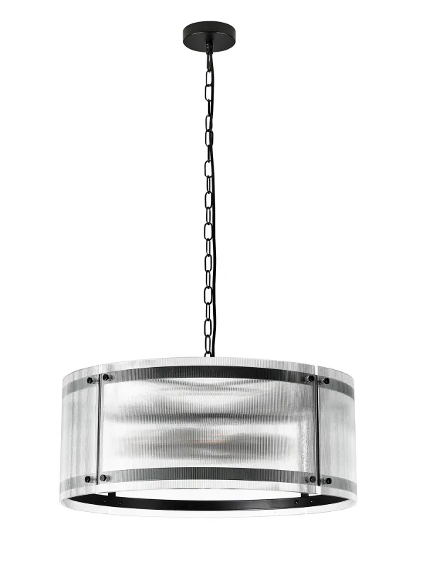 FLOING 56.5cm Pendelleuchte, 4 x E27, Schwarz matt / Schmal geripptes klares (B) Glas