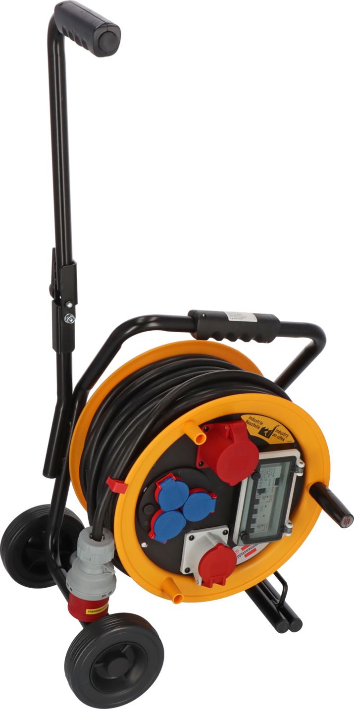 Brobusta FI+LS CEE Kabeltrommel mit Wagen 380 IP44, 1x CEE 400V/32A, 1x CEE 400V/16A, 3x Schutzkontakt-Steckdosen 230V/16A, 30m H07RN-F 5G4,0 schwarz