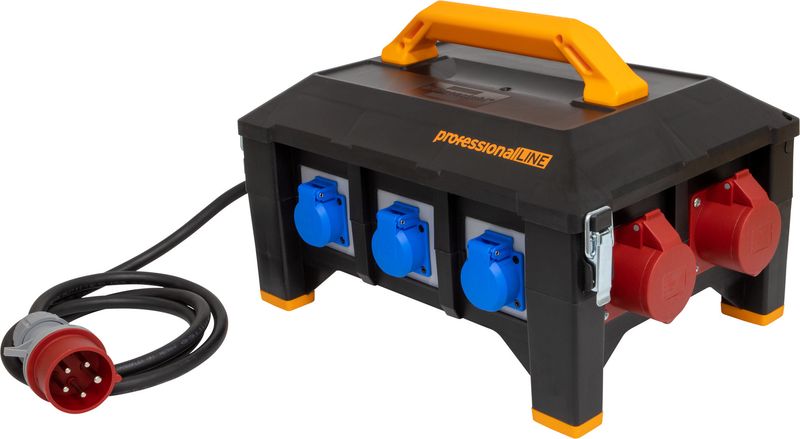 Gummi-Stromverteiler / Stromverteiler mit 2m Kabel H07RN-F 5G2,5 und 16A CEE-Stecker (3xCEE 400V/16A, 6x Schutzkontakt 230V/16A, für den belastbaren und ständigen Einsatz im Außenbereich)