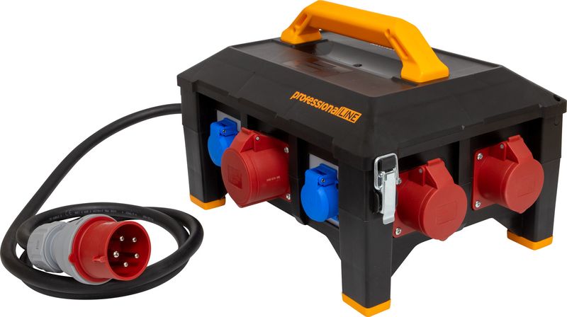 Gummi-Stromverteiler / Stromverteiler mit 2m Kabel H07RN-F 5G6,0 und 32A CEE-Stecker (2xCEE 400V/32A, 2xCEE 400V/16A, 5x Schutzkontakt 230V/16A, für belastbaren und ständigen Einsatz im Außenbereich)