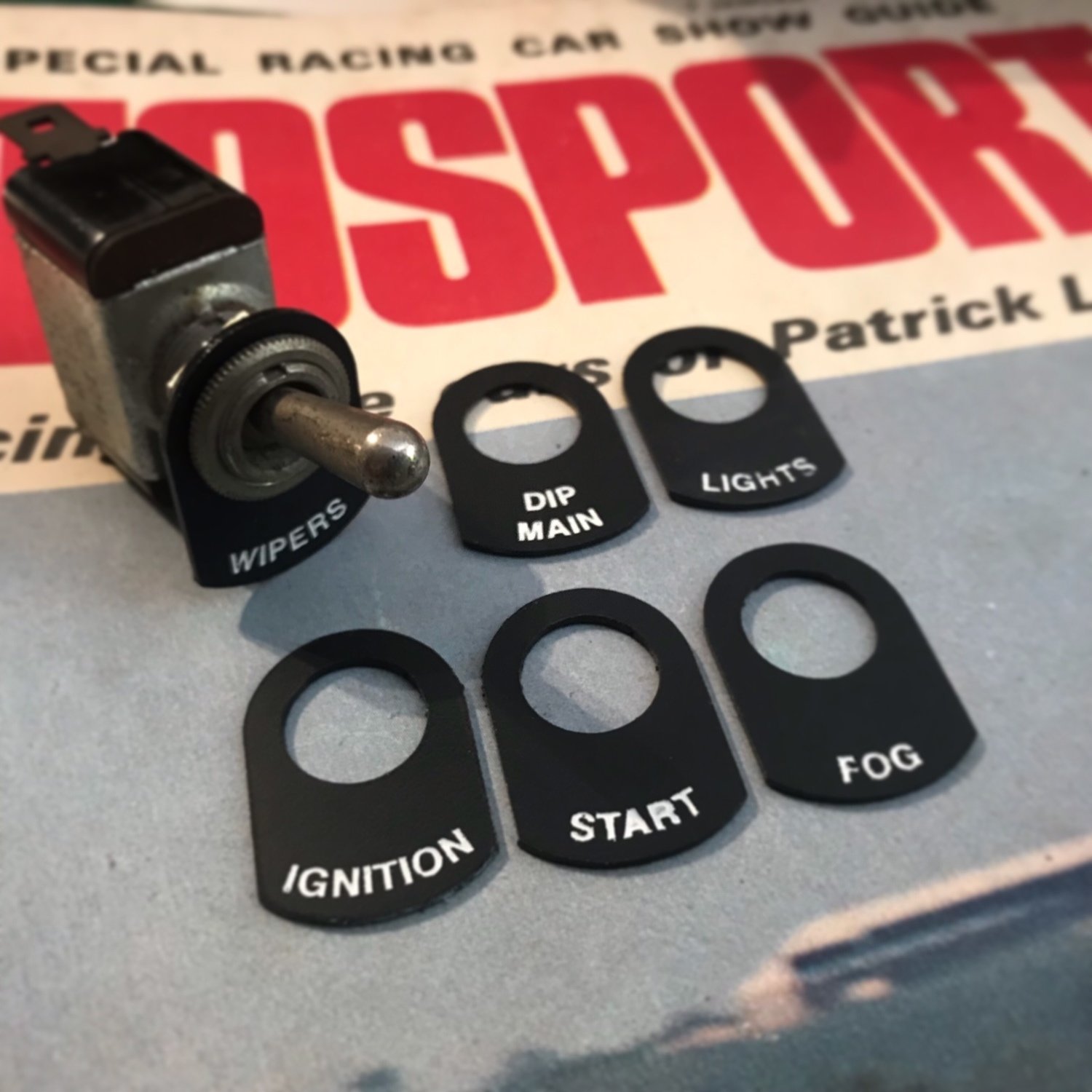 Classic, race, rally car toggle switch label tags - 12mm Classic, race, rally car toggle switch label tags - 12mm