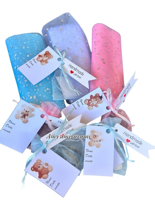 Bomboniere economiche con Stampa orsetto e dati Complete di sacchetto con confetti e biglietto