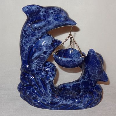 Blue Faux Marble Dolphin Tea Light Candle Holder Wax/Oil Burner