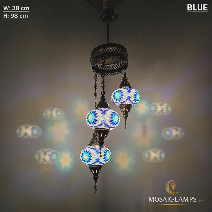Mosaic Turkish Chandelier 3 Globe, Colour: Blue, Style: 3 Globe Chandelier Large