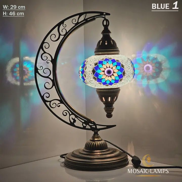 Mosaic Moroccan Moon Table Lamp, Arc, Murano Crescent, Colour: Blue 1, Type: Mosaic Moroccan Moon