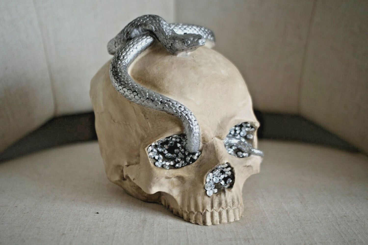 Skull with Silver Snake and Gem Eyes