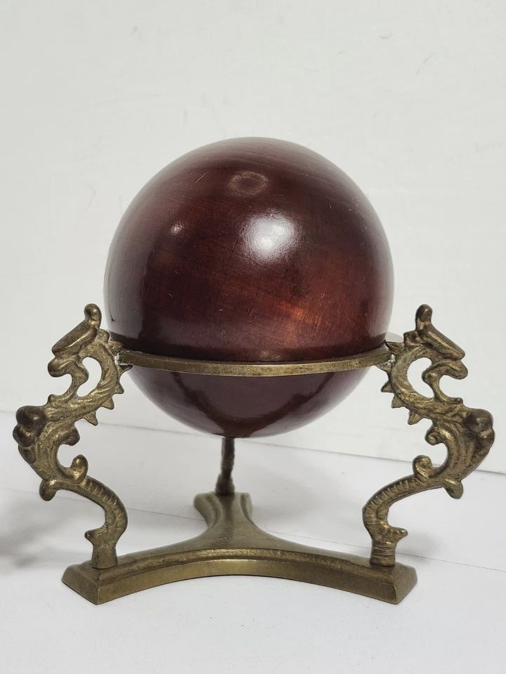 Wood Ball/Orb with Brass Stand (Dragons) 4 in diamerter