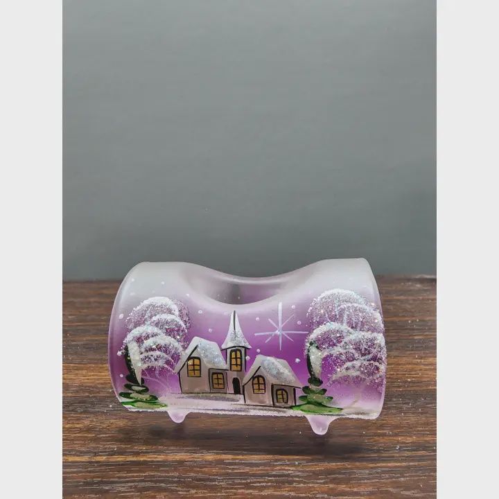 Candle Holder Log  Centerpiece Hand Blown Glass-Purple Single