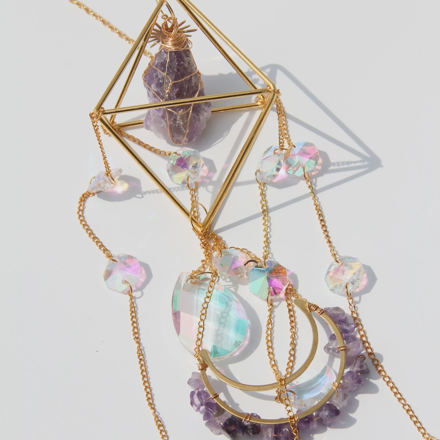 Suncatcher Amethyst with Cage and Crystal prism gems