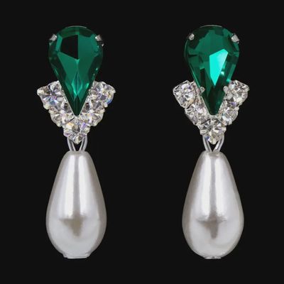 Ear Rings Rhinestone Pear V Pearl Drop 5538EMS