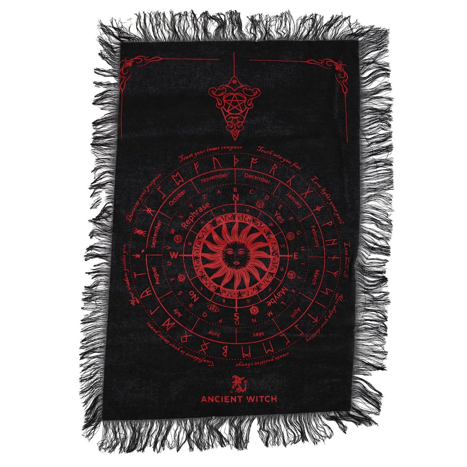 Ancient Witch Pendulum Divination Cloth, Available designs: Sun Face - Divination Cloth - Black &amp; Blood Red