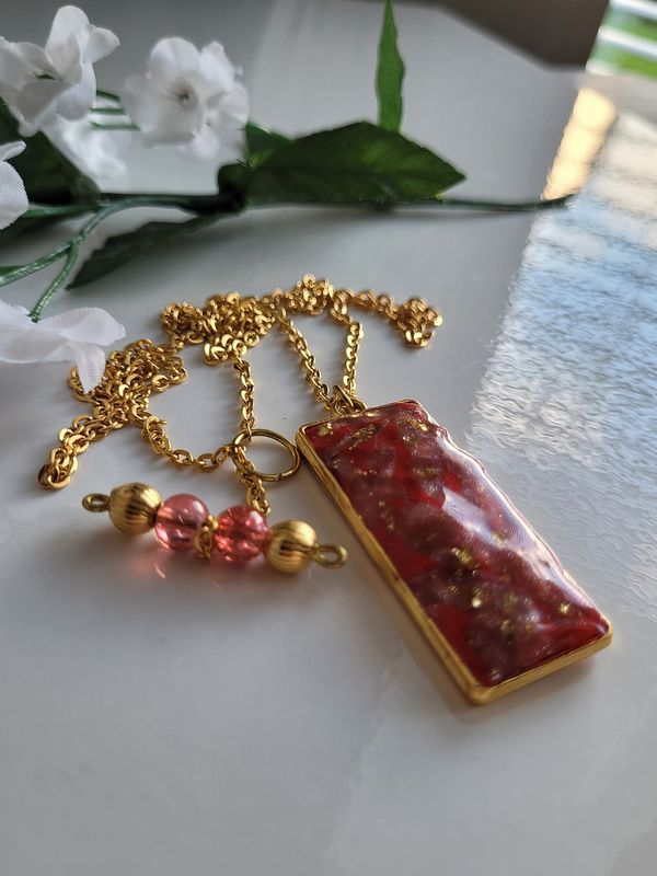 Necklace / Pendant - Red & Gold -Coloured Geometric Design with Beaded T-Bar