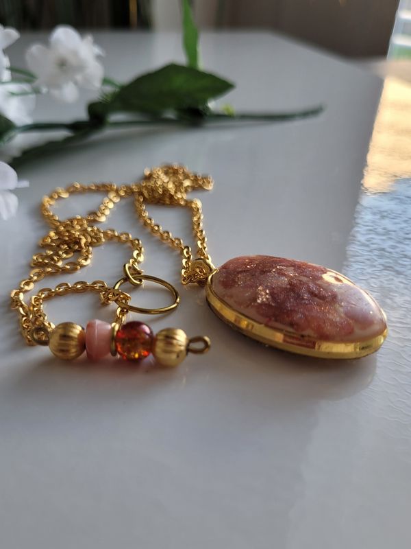 Necklace / Pendant - Rose Pink & Gold-Coloured Geometric Design with Beaded T-Bar
