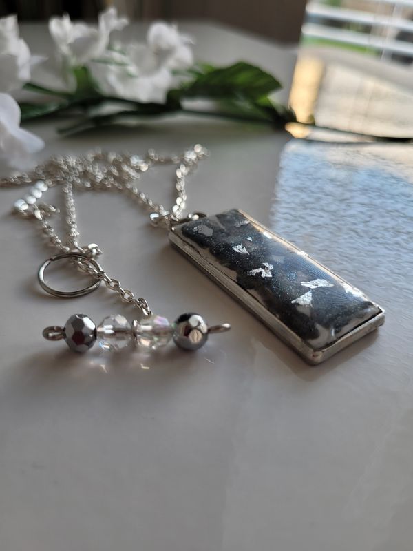 Necklace / Pendant - Silver & Grey Geometric Design with Beaded T-Bar