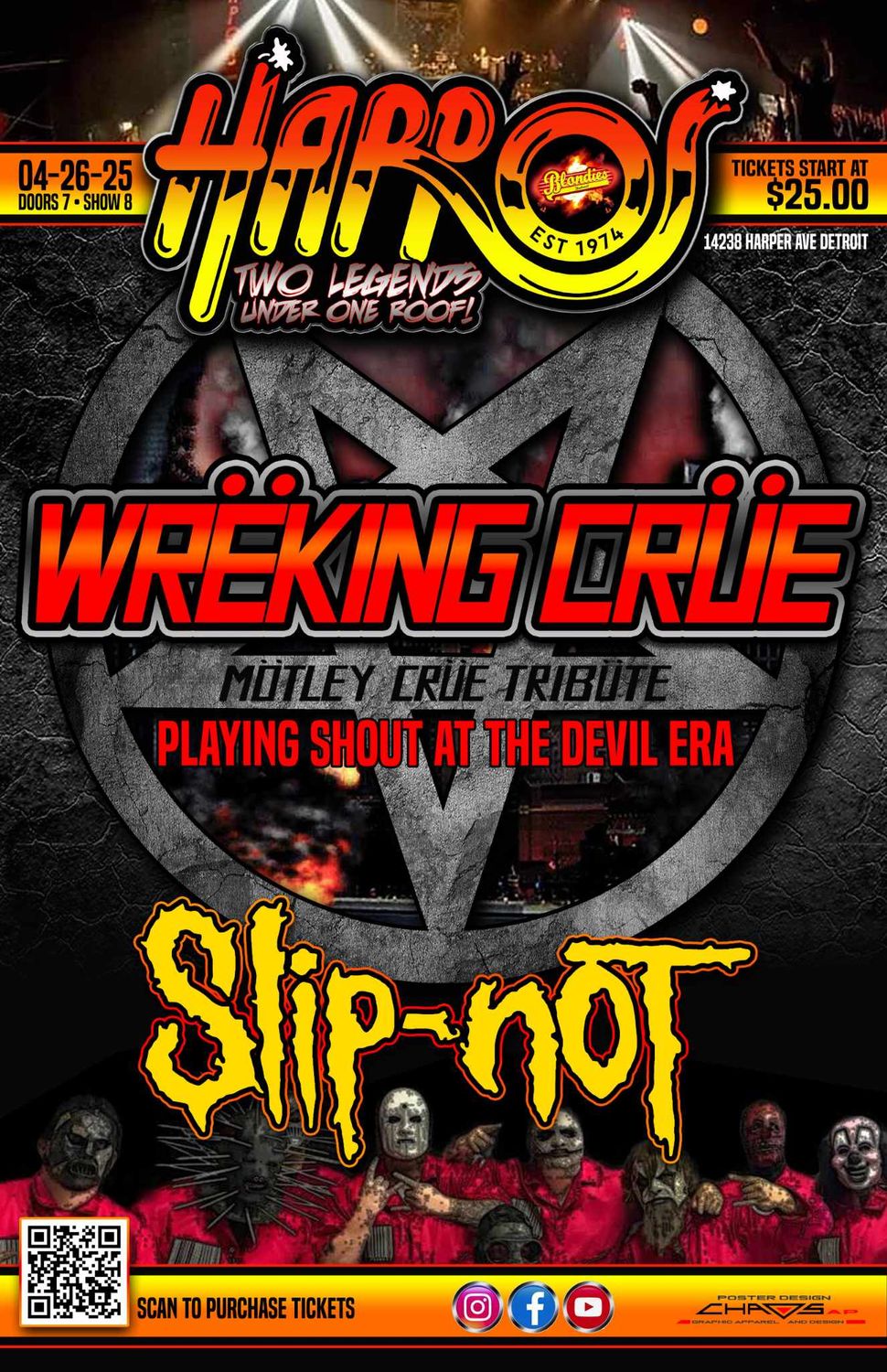 Wreking Crue wsg Slip-not: A Tribute to Slipknot, April 26th//Doors 7PM
