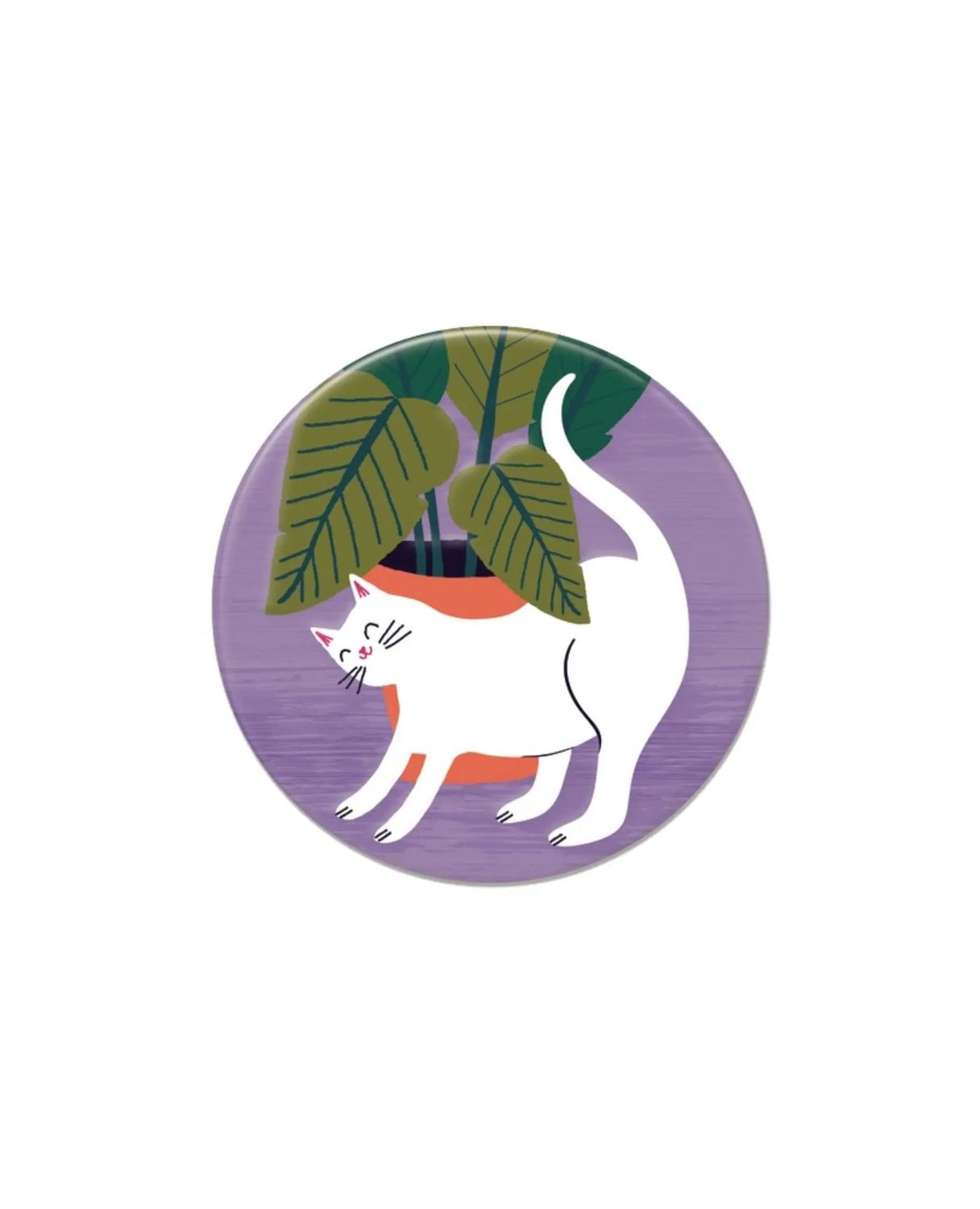 White Cat With Plant Round Magnet
