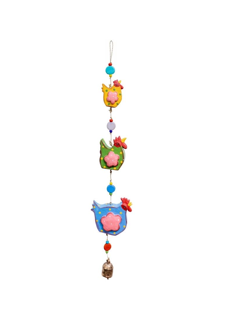 A Rooster Family Painted Wood Beads And Bell