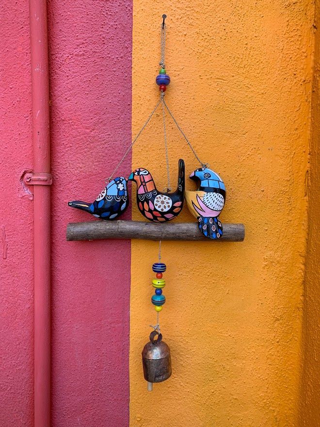 Three Friendly Painted Wood Birds Hanging Beads And Bells