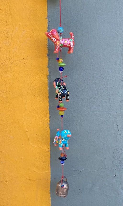 The Three Dogs Painted Wood With Beads And Bell