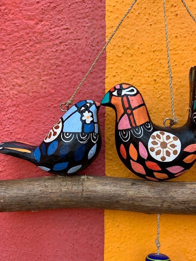 Three Friendly Painted Wood Birds Hanging Beads And Bells