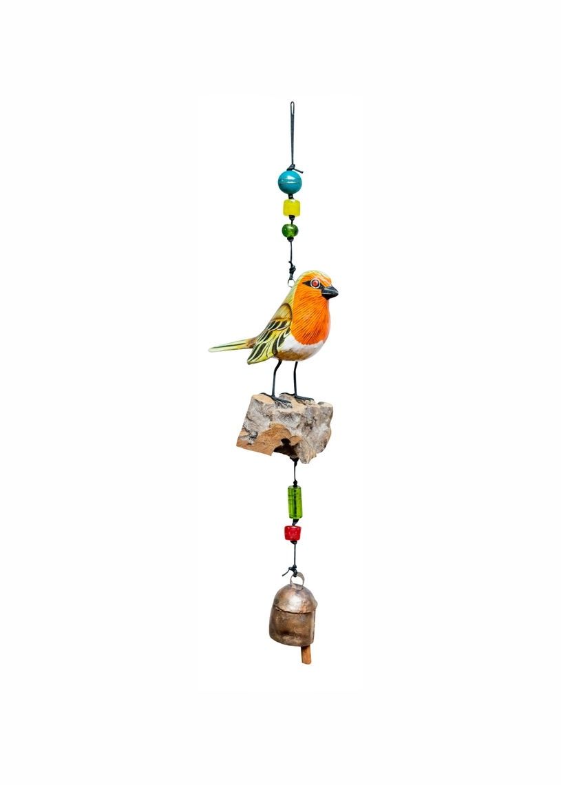 Wood Yellow Bird On A Stump Beads And Bell