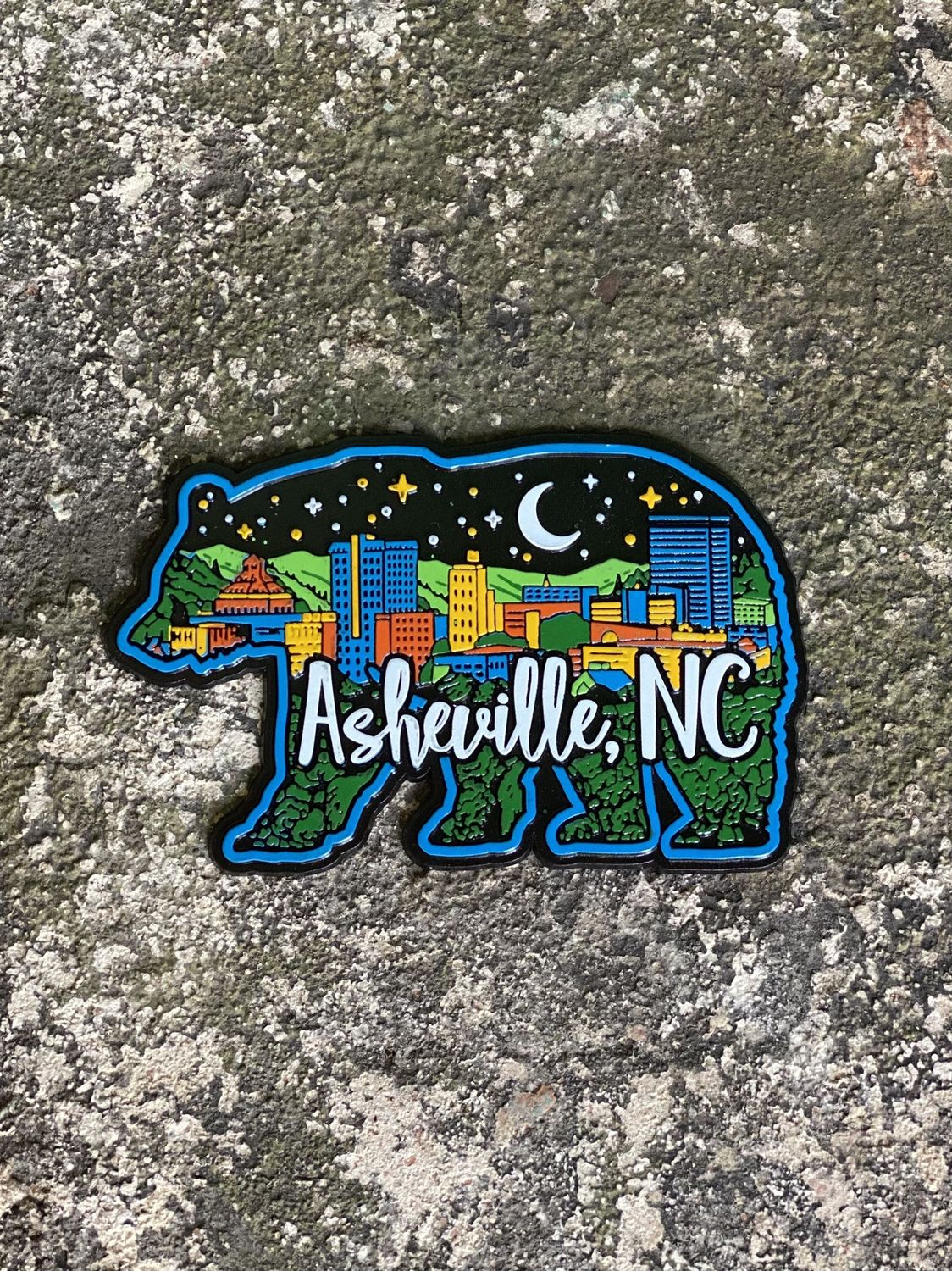 Asheville NC City Night Skyline Rubber Bear Magnet