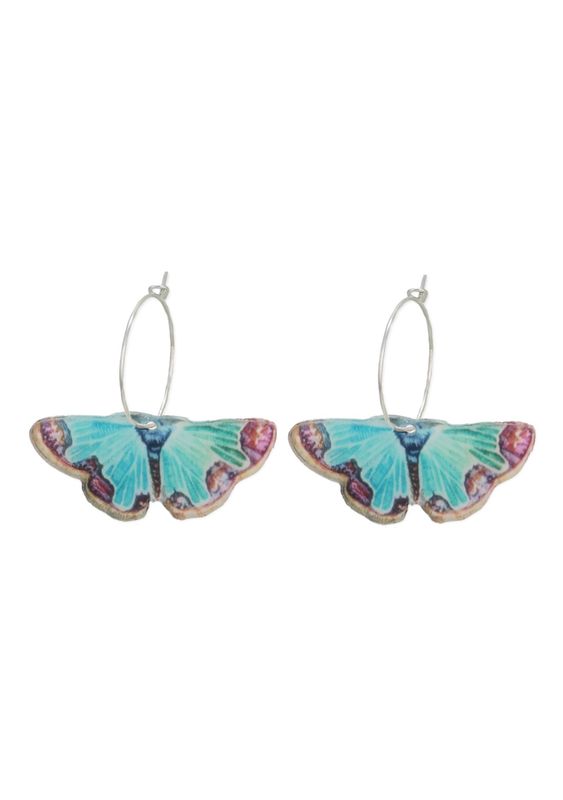 Blue And Pink Moth Silver Hoop Earrings