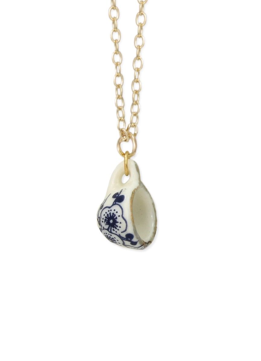 Blue White Ceramic Teacup Gold Necklace