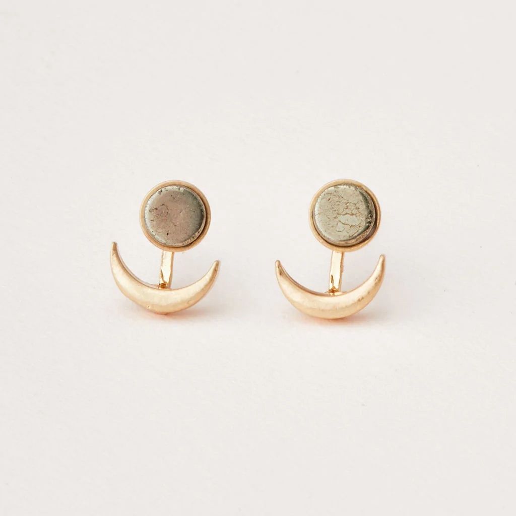 Stone Crescent Moon Phase Ear Jacket Pyrite Gold Earrings