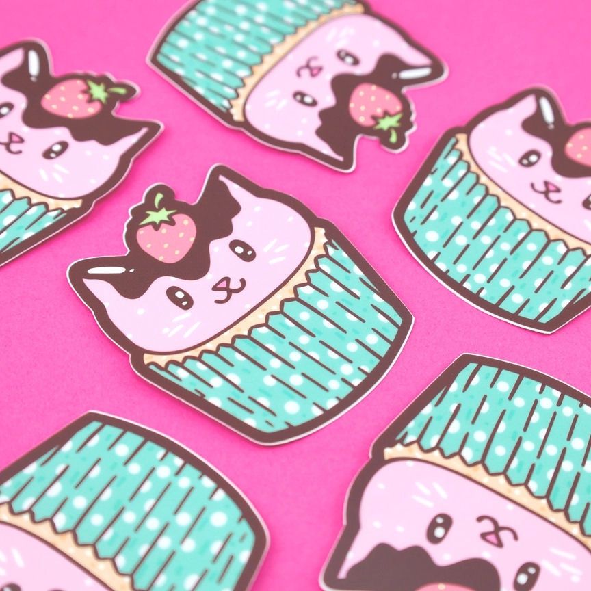 Strawberry Cupcake Kitty Cat Sticker