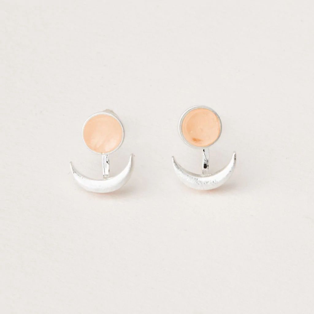 Stone Crescent Moon Phase Ear Jacket Sunstone Silver Earrings